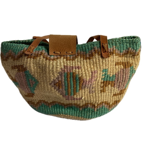 Sisal Large Tote Market Bag Basket Woven Leather Handles Fish Pattern Green Tan - Picture 5 of 10